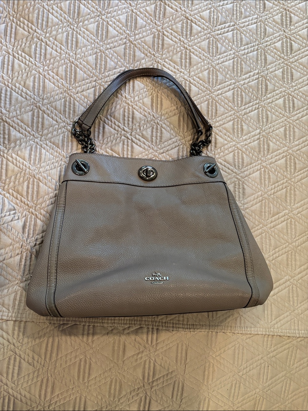 Coach Gray Pebbled Leather Shoulder Bag with Gunmetal Chain Handles